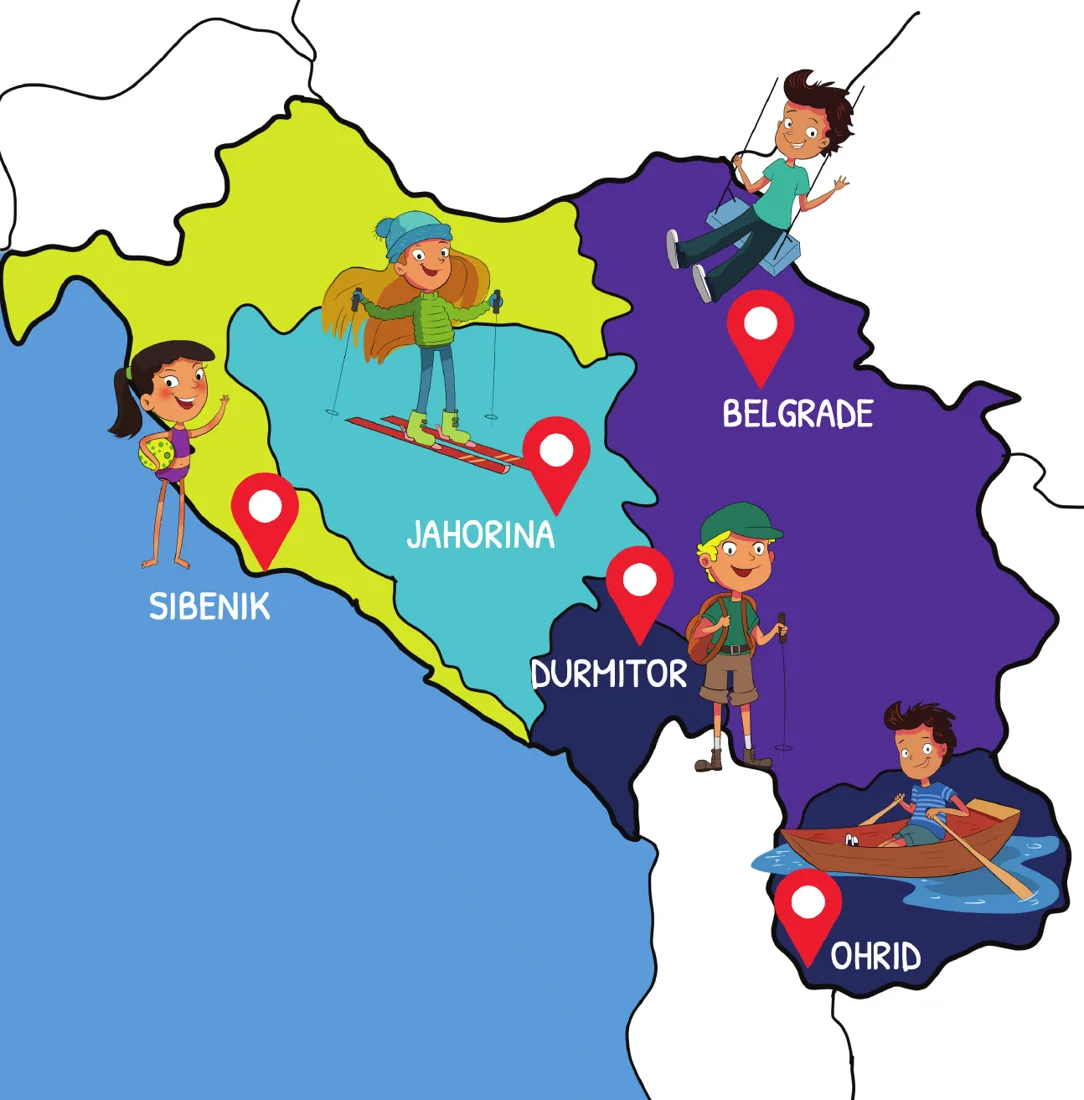 Ilustracija: mapa Balkana sa Beogradom, Jahorinom, Šibenikom, Durmitorom i Ohridom