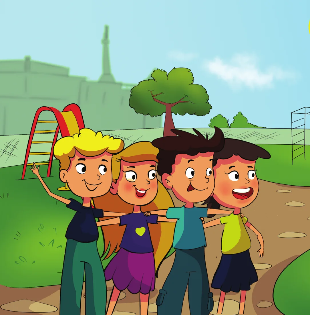 Ilustracija: četvoro prijatelja se grli na rastanku na igralištu